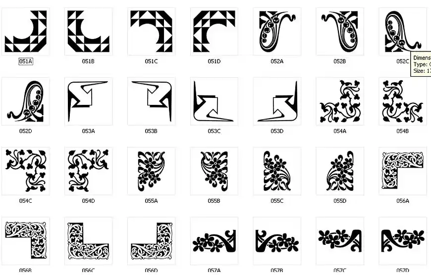 Corner designs for signs and memorials, geometric, arrow, floral, celtic