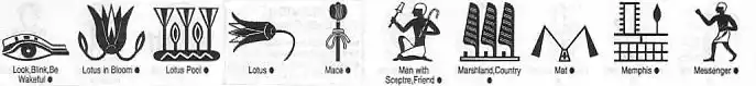 A selection of Egyptian images, heiroglyphics, lotus