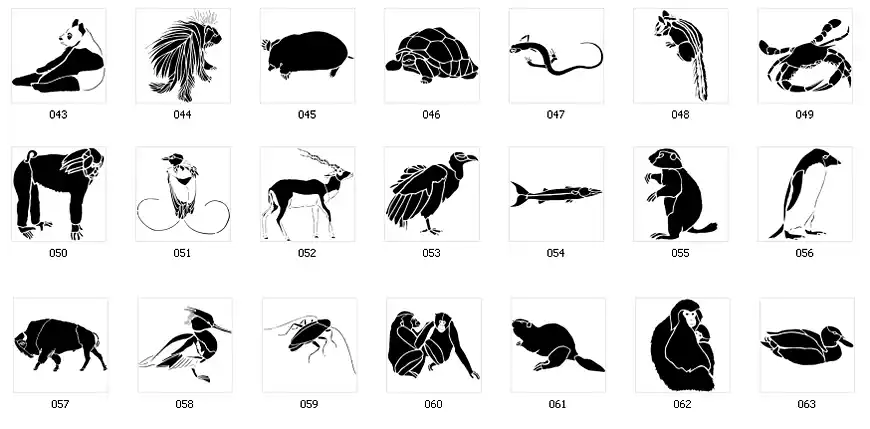 Stencil silhouette images of various animals and birds. 