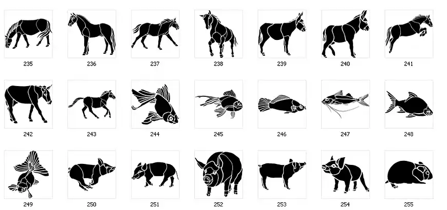 Various animal stencil silhouette images. Horse, donkey, fish, pig