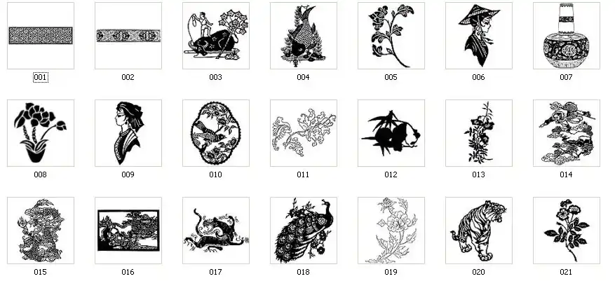 A selection of Chinese designs, people, costume, lantern, plants, dragon, bird, tiger