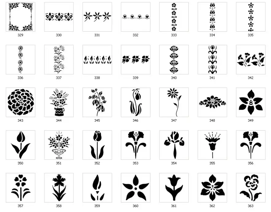 Floral stencil designs, row of flowers, frames. corners, borders