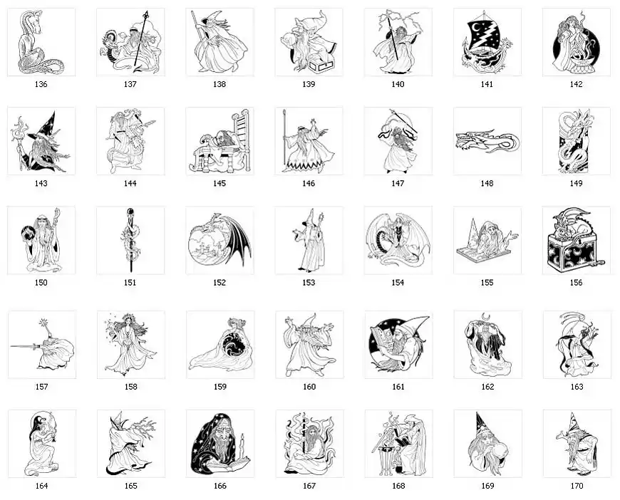 A selection of wizard and dragon designs