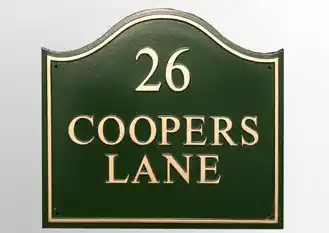 title here Large dome top cast house sign with number