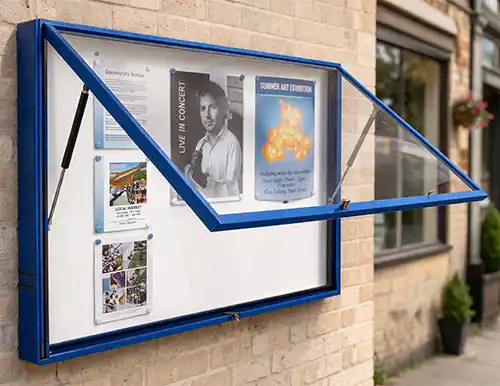 These notice boards are all lockable Wall mounted notice board with lift-up door and gas struts