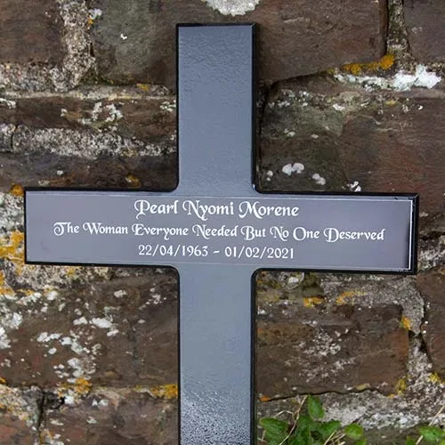 This is a black painted cross with a black plaque. Black Memorial Cross
