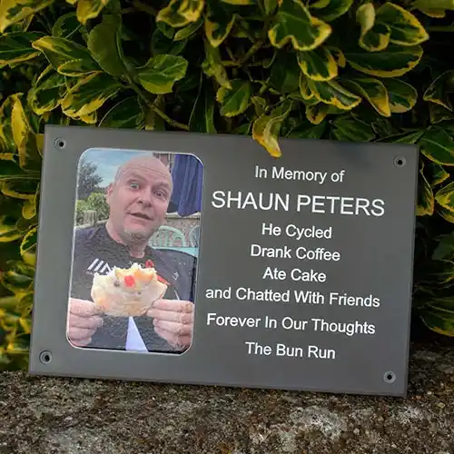 This photo plaque was inset into corian. Happy Memorial Photo